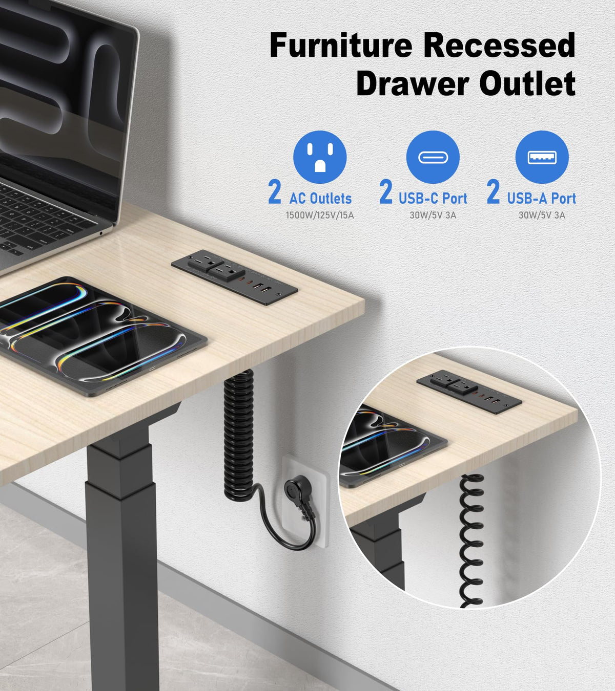 VILONG 30W drawer outlet kit recessed installation demonstrating neat desk organization