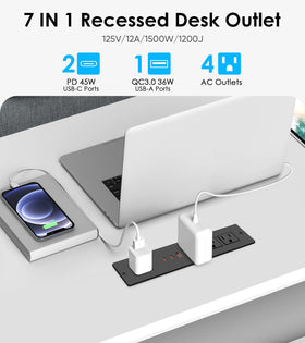 VILONG four-outlet unit with USB-C and USB-A for simultaneous charging.