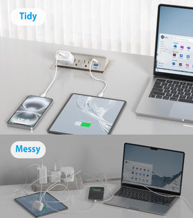 VILONG close-up of three AC sockets and USB ports, organized multi-device charging