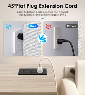 VILONG 45-degree angled plug tucked behind desk saving space