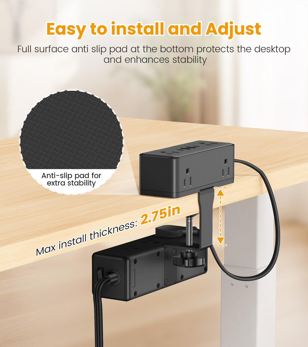 VILONG clamp underside with anti-slip pads and tidy cable routing to prevent desk damage