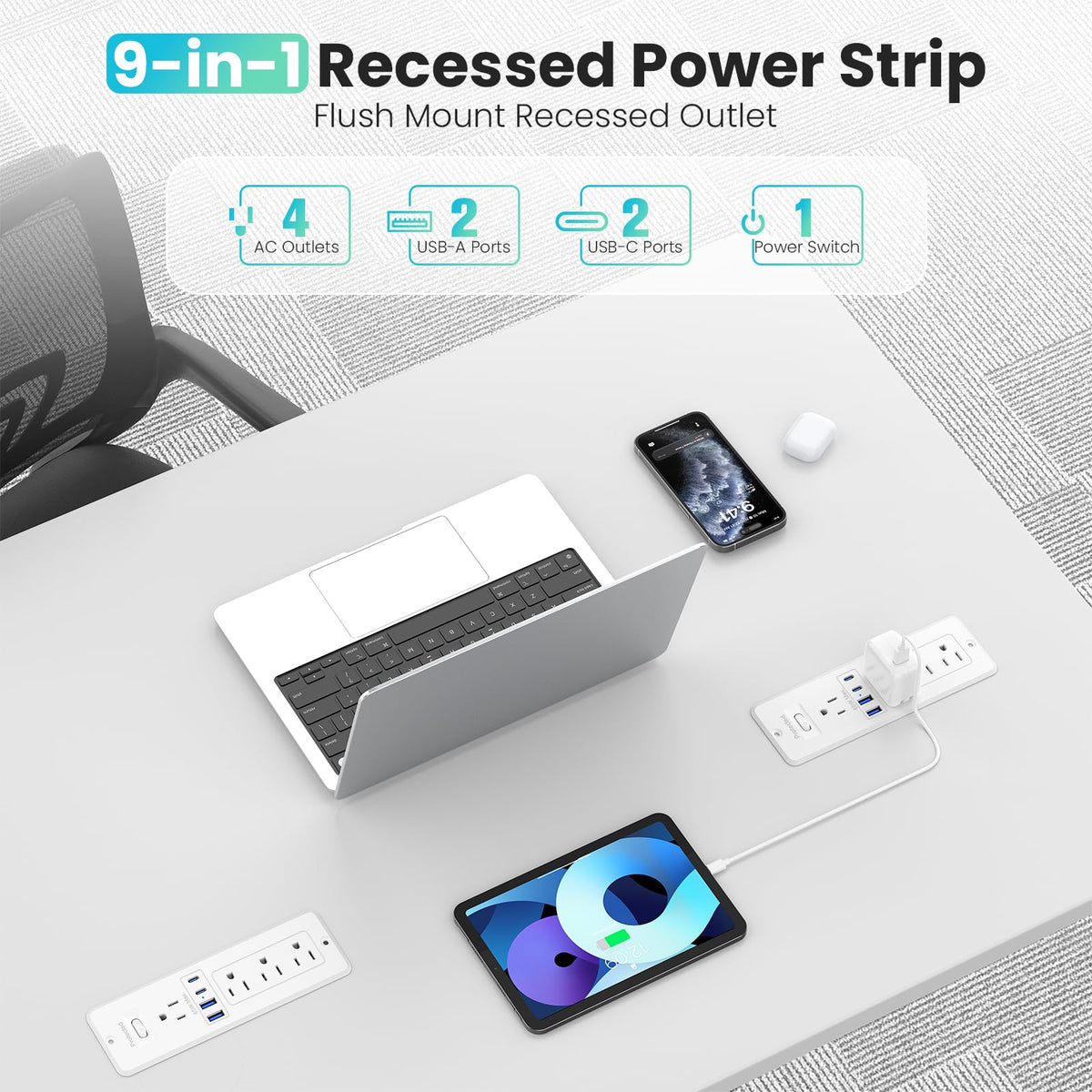VILONG close-up of USB‑C, USB‑A and AC outlets highlighting fast charging