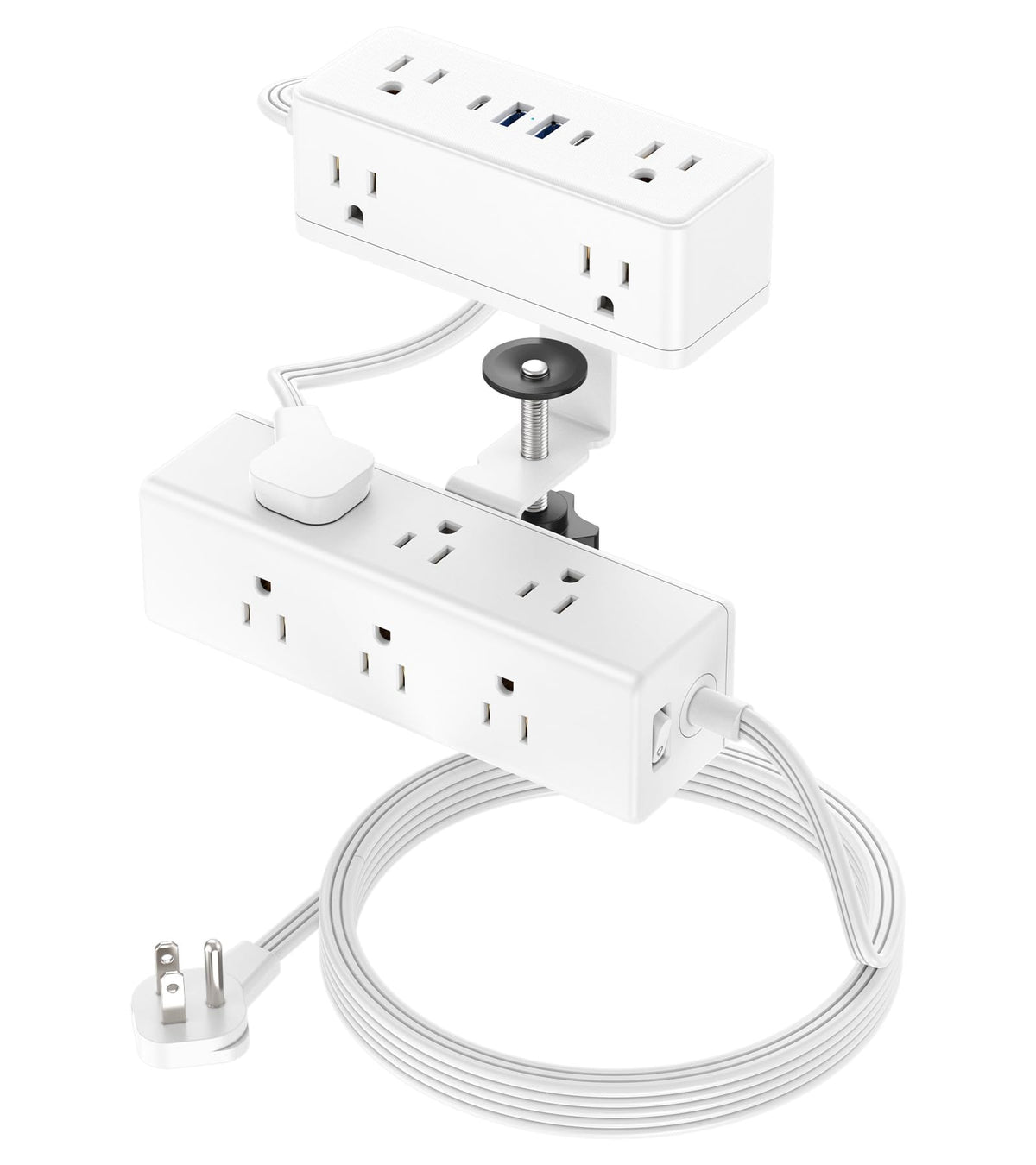 Vilong dual layer desk clamp power strip front view showing edge mounting for easy access