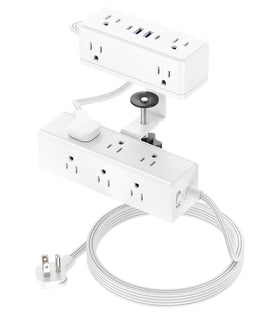 Vilong dual layer desk clamp power strip front view showing edge mounting for easy access