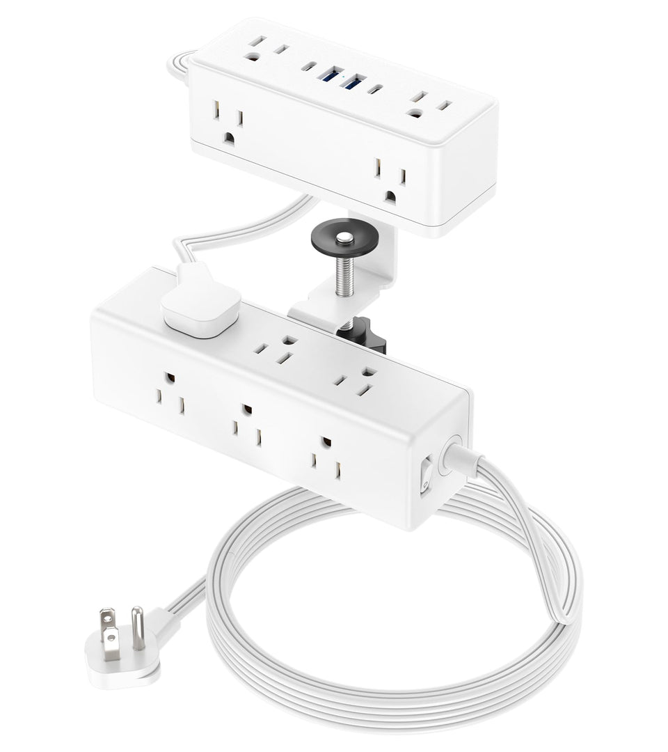Vilong dual layer desk clamp power strip front view showing edge mounting for easy access