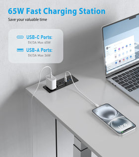 VILONG flush-mounted outlet installed in desk demonstrating clutter-free workspace