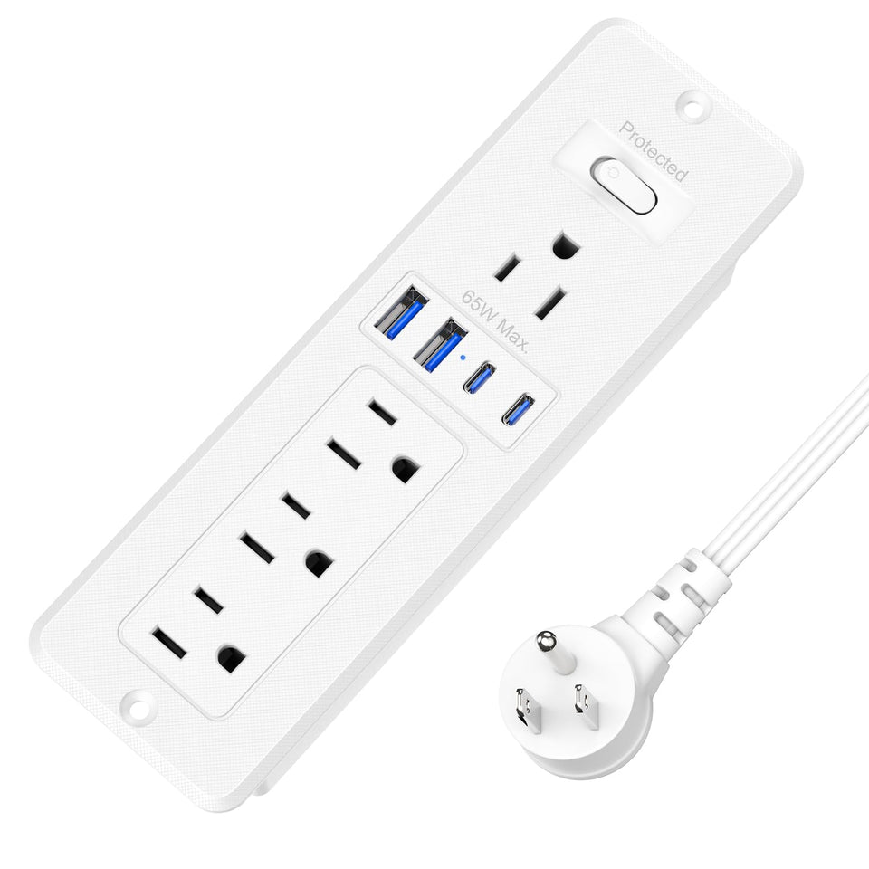 VILONG front face recessed power strip showing ports and flush mount benefit