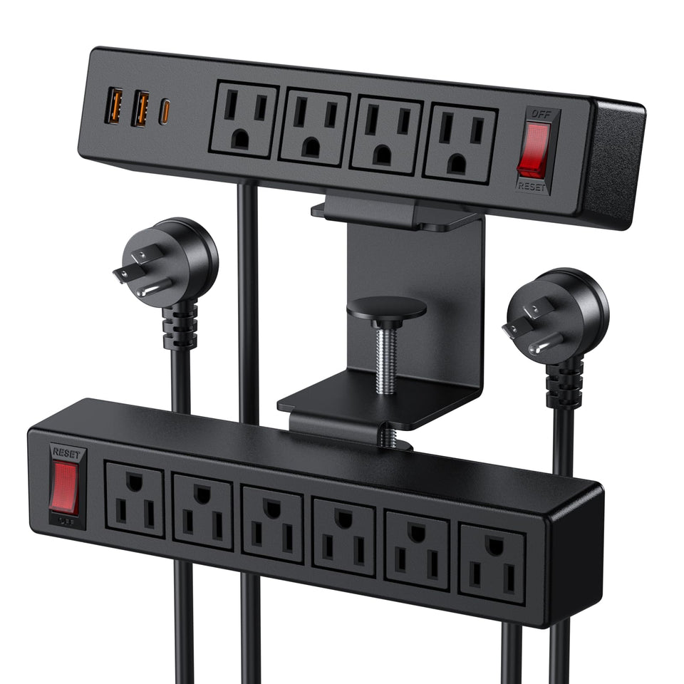 VILONG front view clamp-mounted power strip showing outlets and switches, enhances desk organization