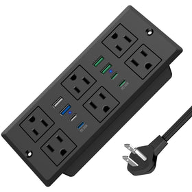 VILONG recessed power strip front panel showing outlets and USB ports for tidy charging