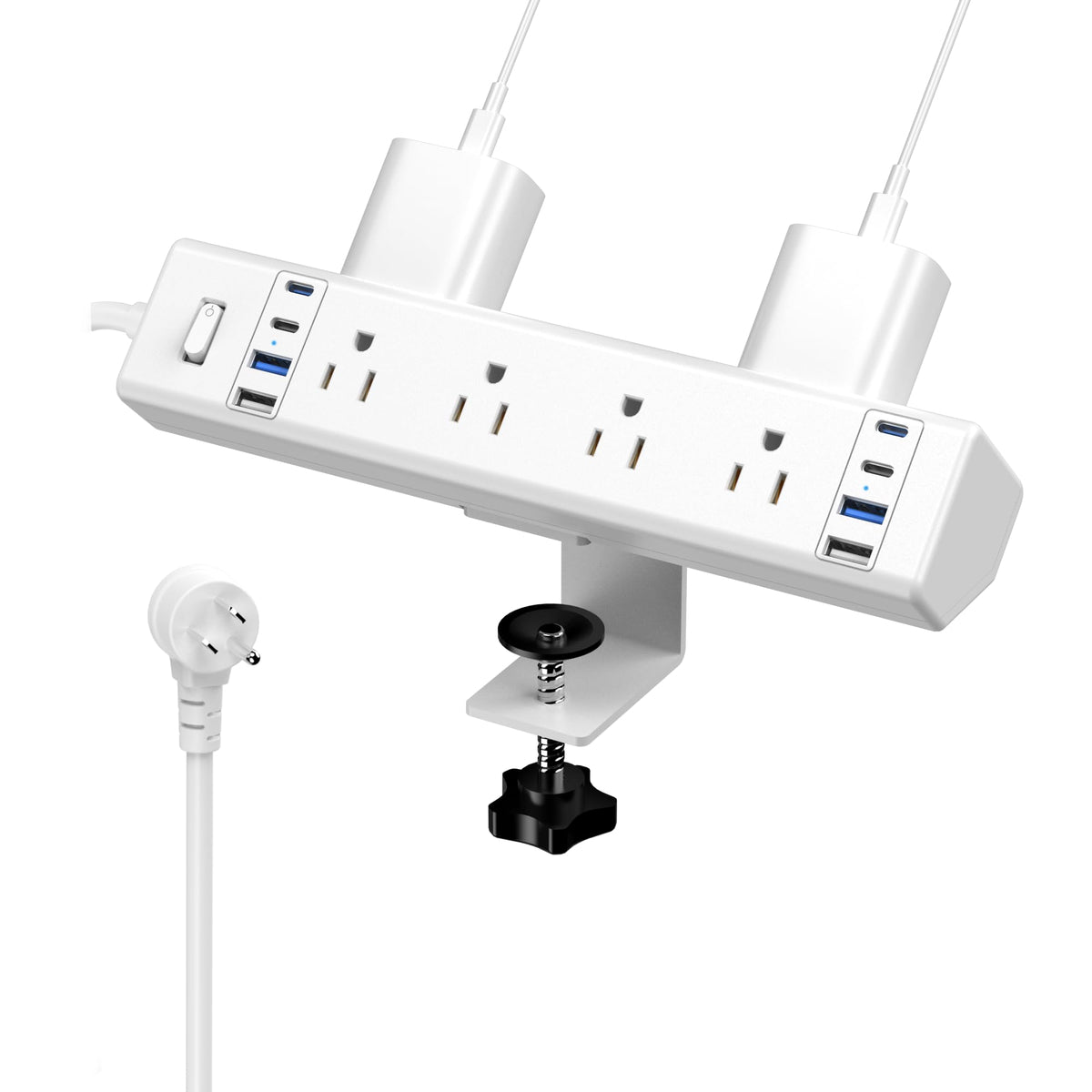 VILONG front view of clamp-mounted power strip showing outlets for organized desk power
