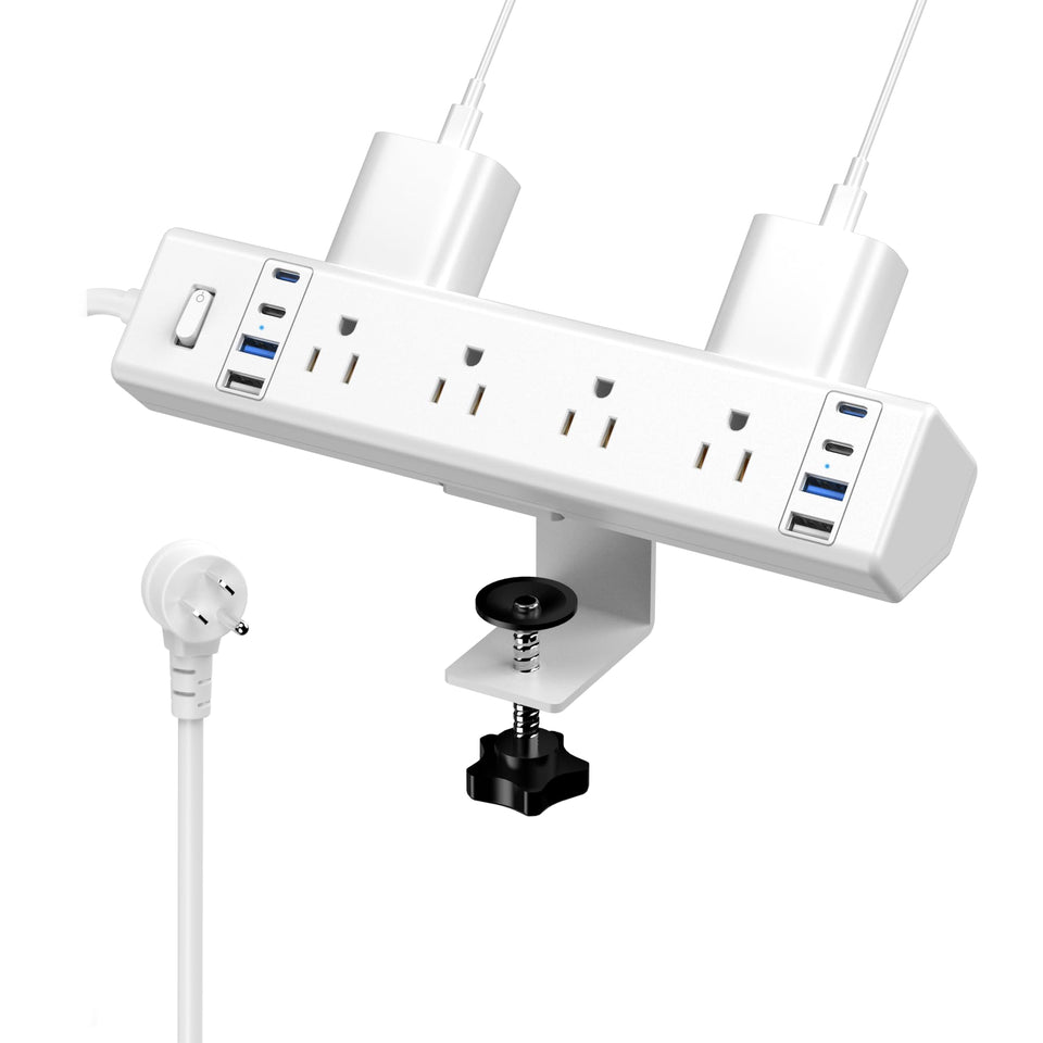 VILONG front view of clamp-mounted power strip showing outlets for organized desk power