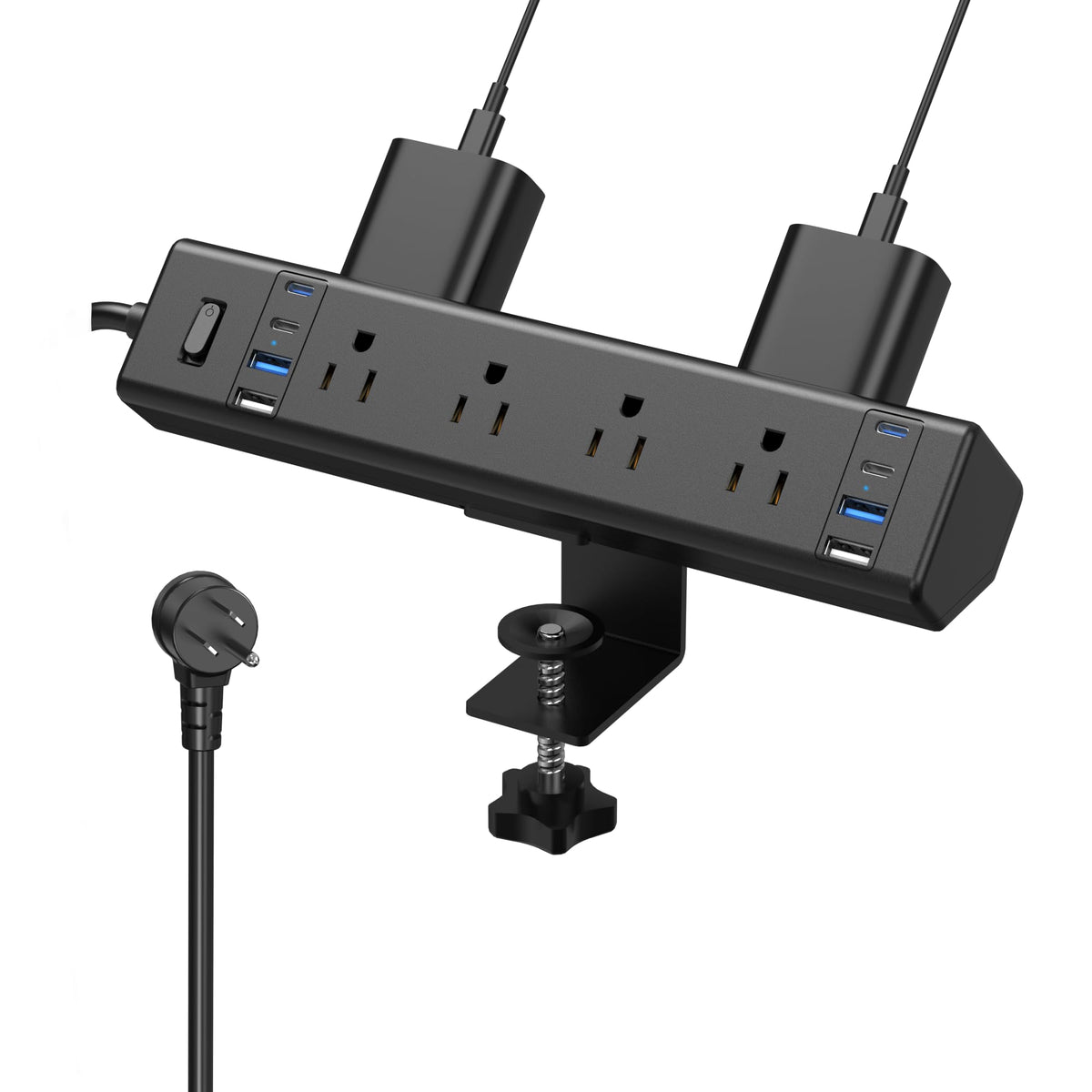 VILONG front view showing clamp-mounted power strip and organized workspace benefit