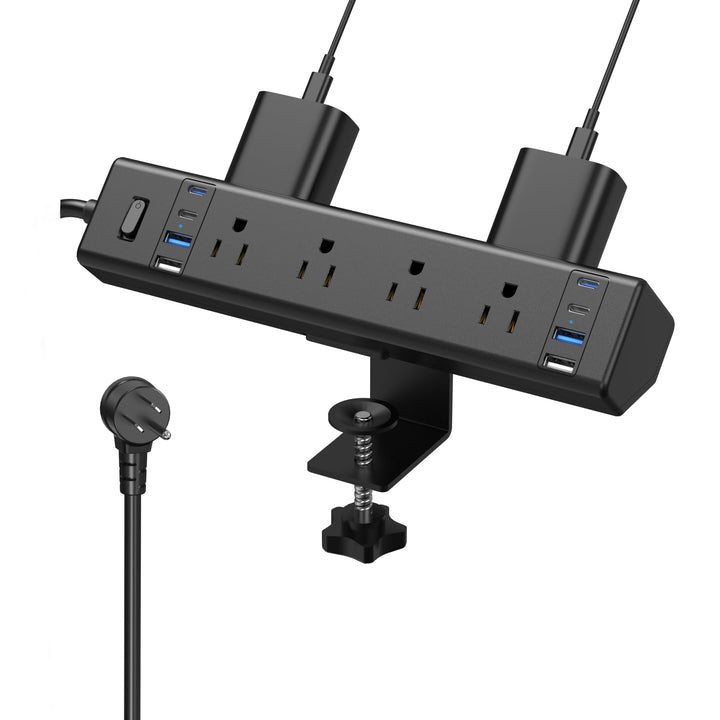 VILONG front view showing clamp-mounted power strip and organized workspace benefit