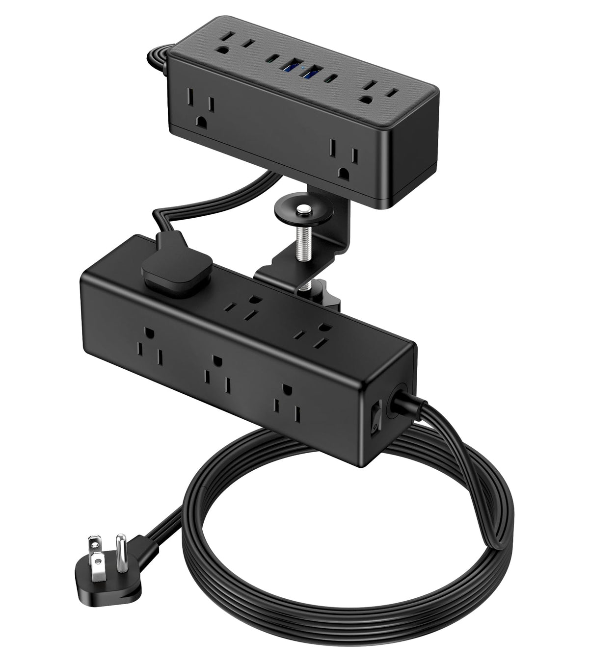 VILONG front view of dual layer clamp power strip showing 15 AC outlets and USB ports for organized charging