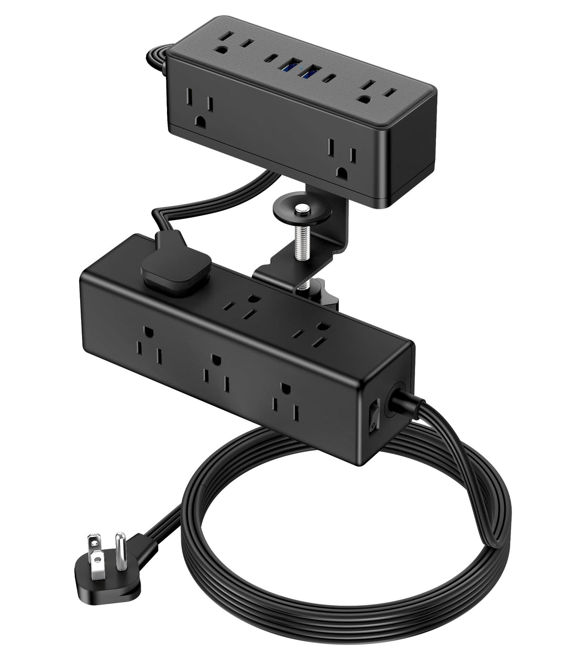 VILONG front view clamped to desk showing easy access to outlets and neat workspace