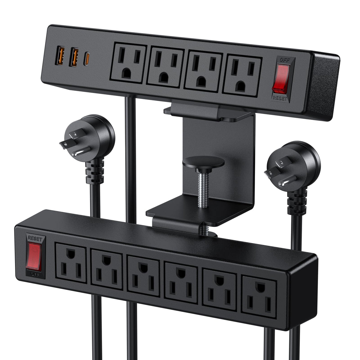 VILONG front view clamped to desk edge showing outlets and switches for organized power
