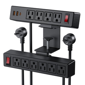 VILONG front view clamped to desk edge showing outlets and switches for organized power