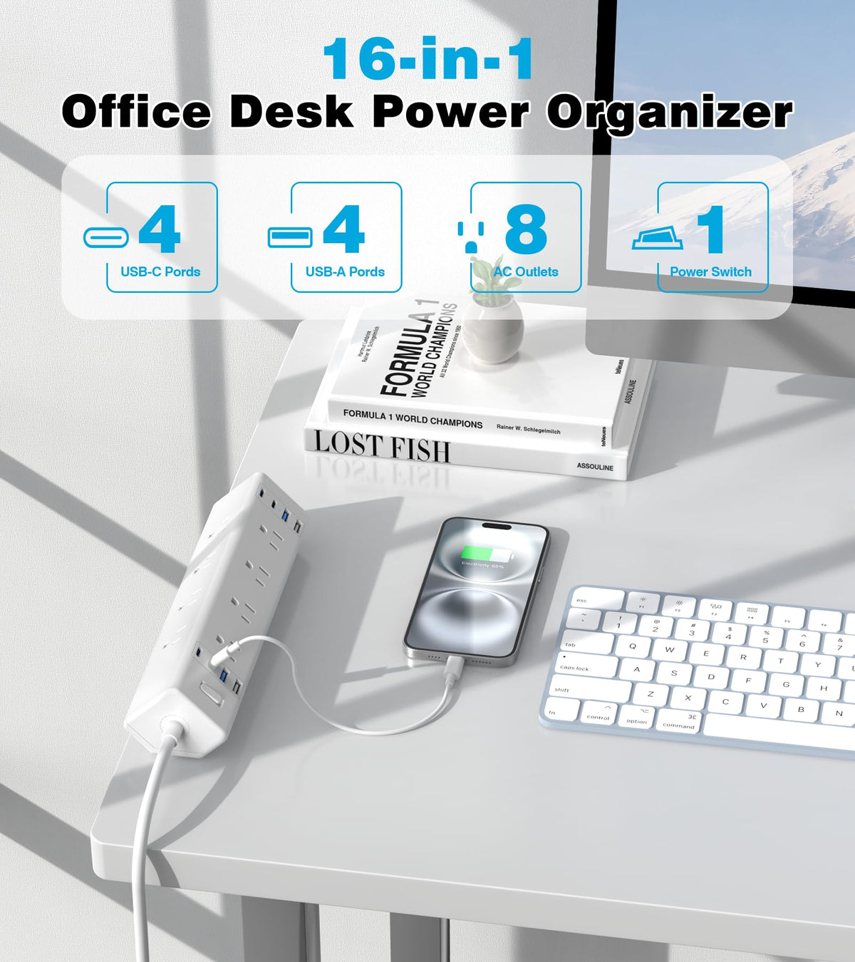 VILONG in-use on a home office desk powering monitor, lamp and chargers neatly