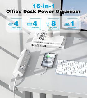 VILONG in-use on a home office desk powering monitor, lamp and chargers neatly