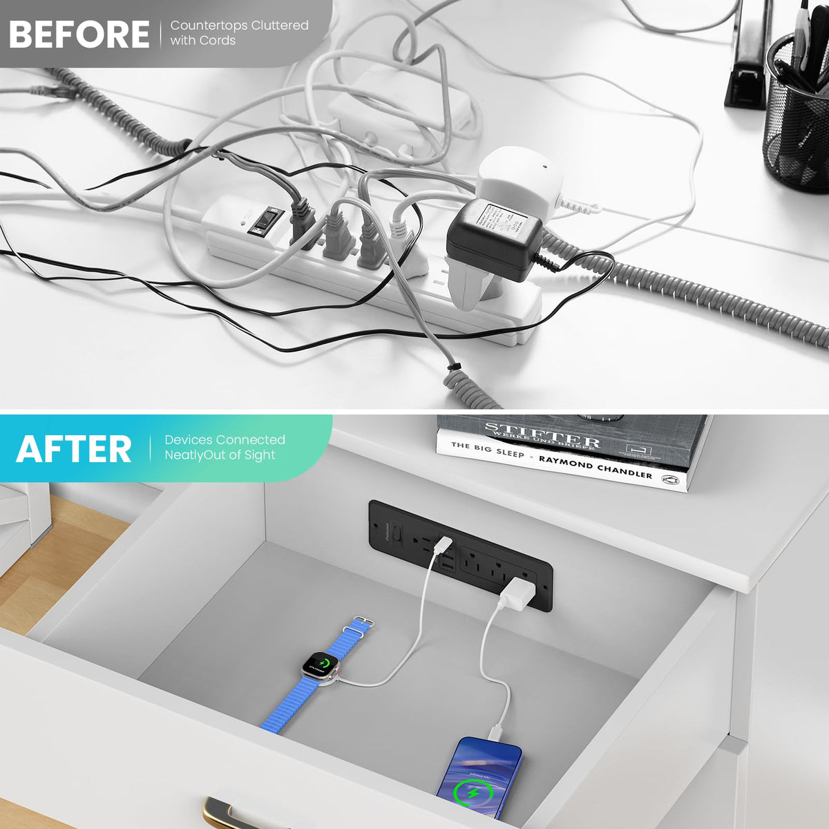 VILONG installed inside a desk drawer keeping devices charged and out of sight