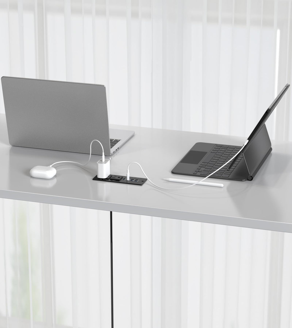 VILONG lifestyle image in home office showing tidy cords and improved ergonomics