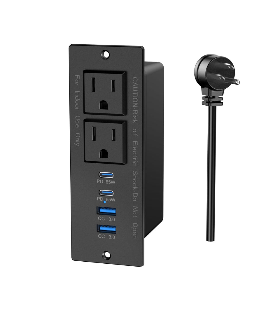 VILONG recessed power strip front view showing AC and USB ports for organized charging