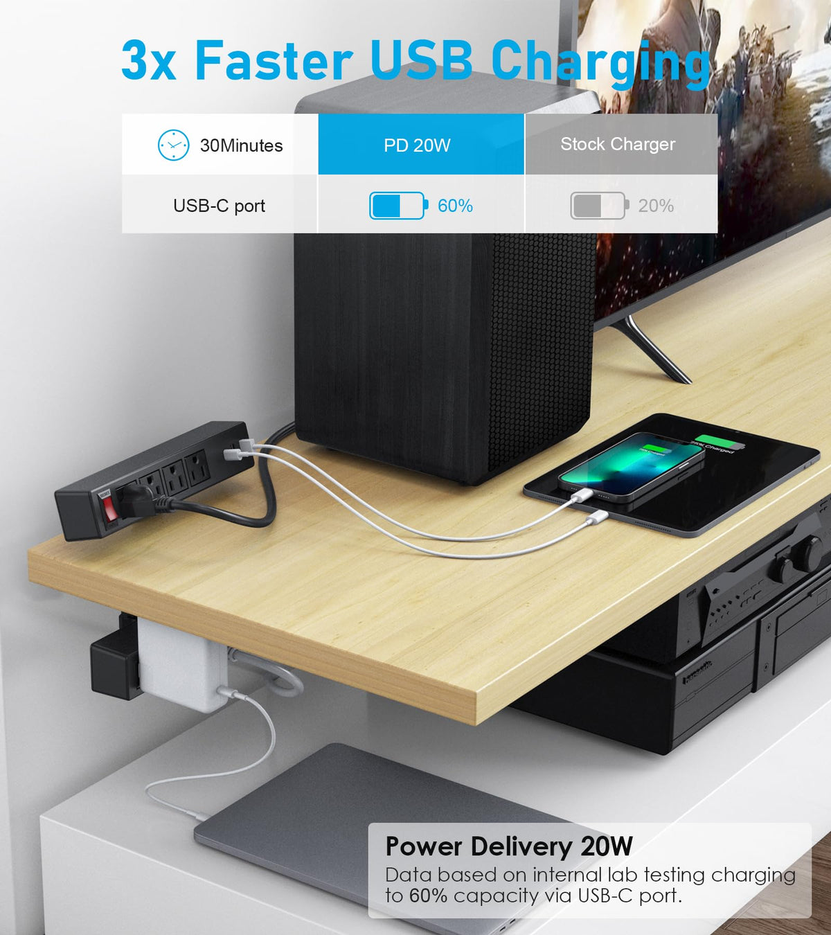 VILONG mounted under desk showing tidy cables and accessible outlets for space saving