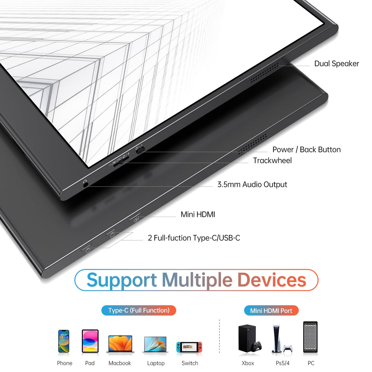 VILVA external monitor supports landscape and portrait modes for flexible layouts.