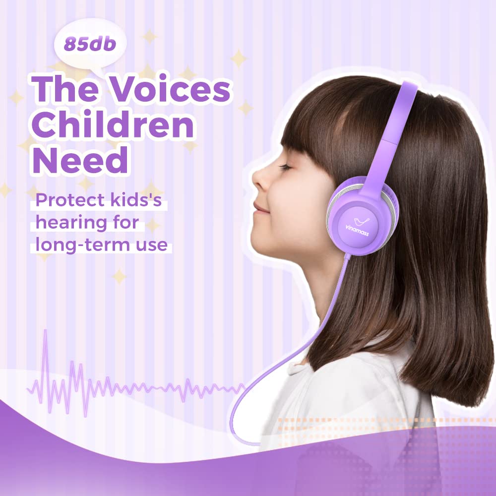 Vinamass kid-friendly on-ear design with soft ear cushions for gentle listening