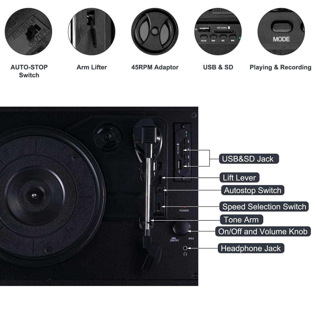 VINILOS rear panel showing Bluetooth, AUX, RCA and USB ports for flexible connectivity