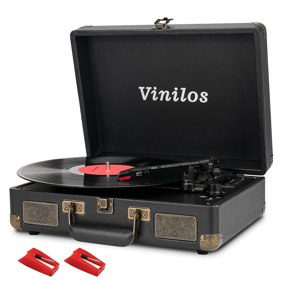 VINILOS front suitcase view highlighting portability and vintage hardware for travel