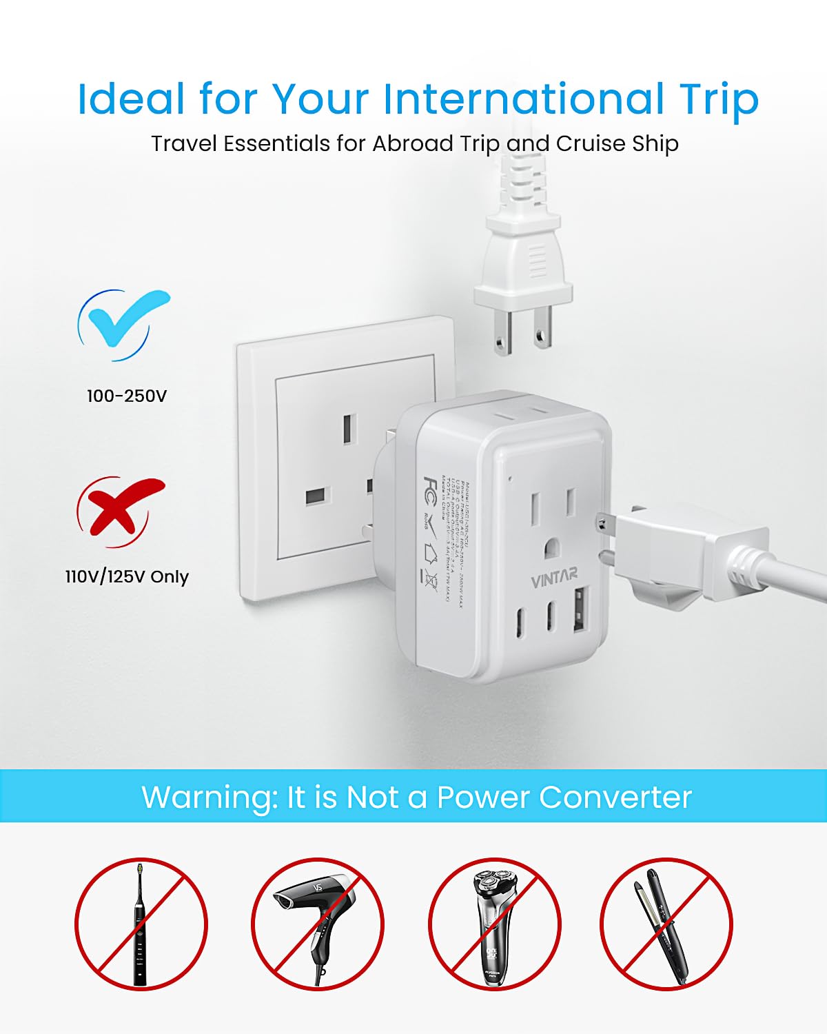 VINTAR 2-pack travel adapter in hand for global trips.