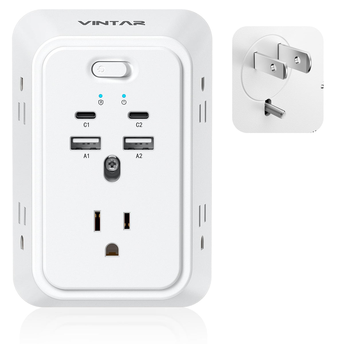 VINTAR 2-to-3 prong adapter with wide-spaced outlets for clutter-free charging