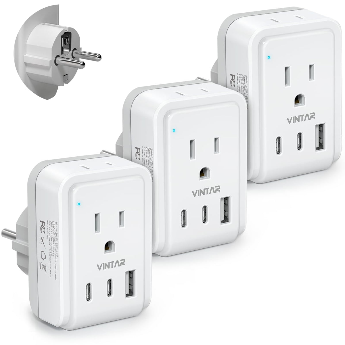 VINTAR 3-pack Type E/F travel adapter front view for global compatibility