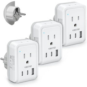 VINTAR 3-pack Type E/F travel adapter front view for global compatibility