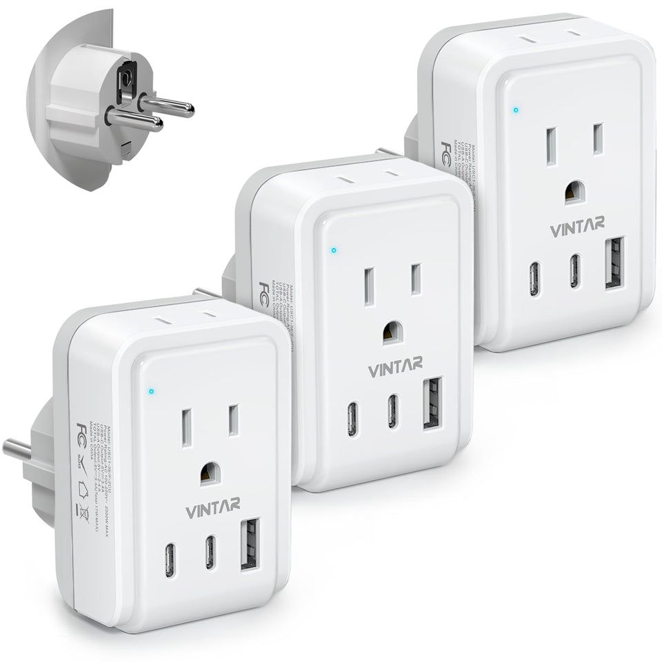 VINTAR 3-pack Type E/F travel adapter front view for global compatibility
