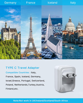 VINTAR 5-in-1 US-to-EU adapter charges multiple devices abroad efficiently.