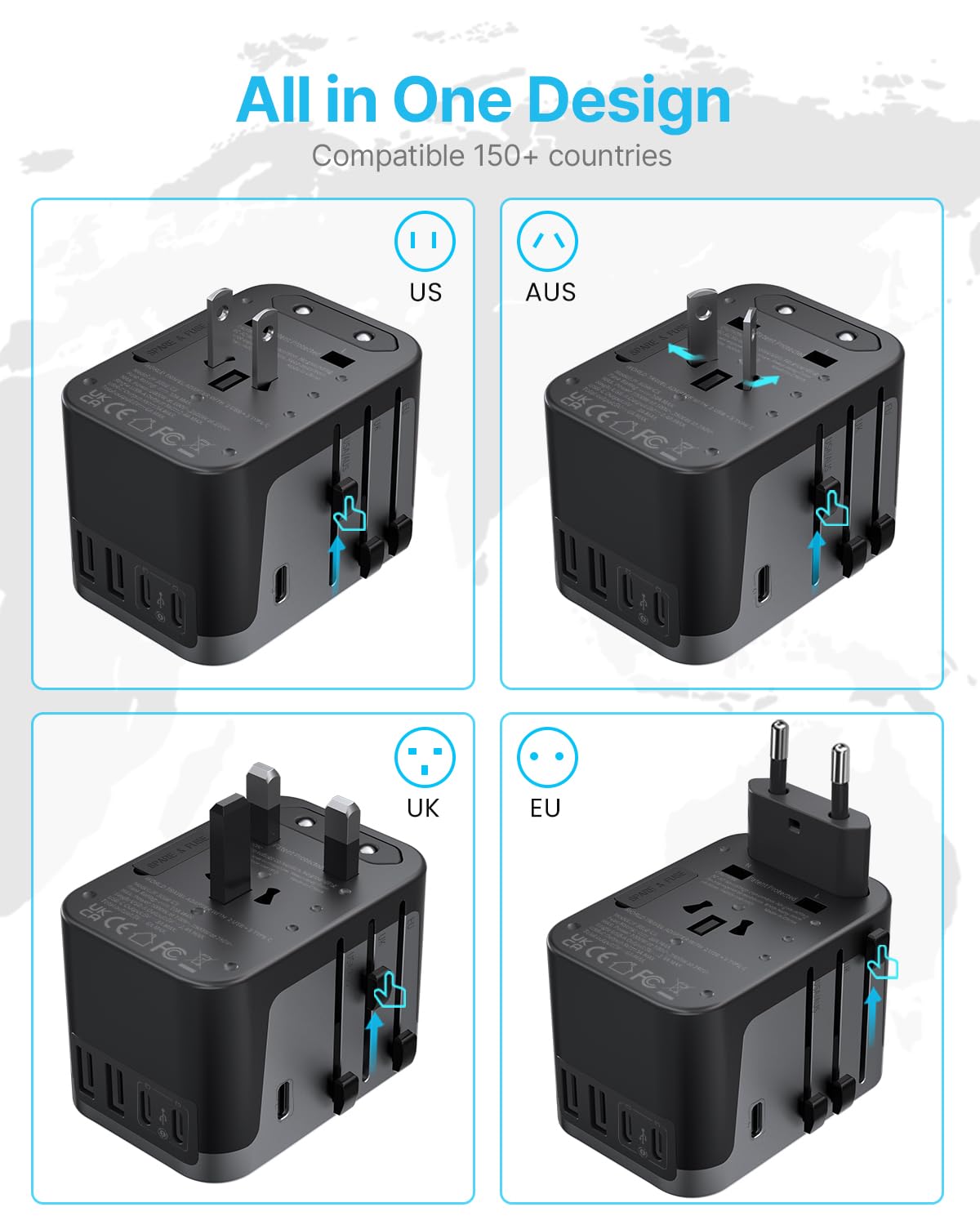 VINTAR 6-in-1 travel power adapter ready to charge multiple devices