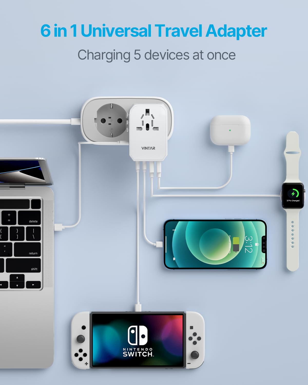 VINTAR top view with AC outlet and USB ports illustrating multi-device charging