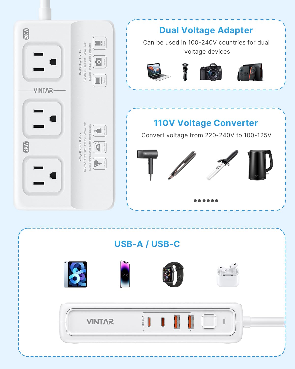 VINTAR close-up of AC outlets highlighting safe 2000W step-down function