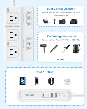 VINTAR close-up of AC outlets highlighting safe 2000W step-down function