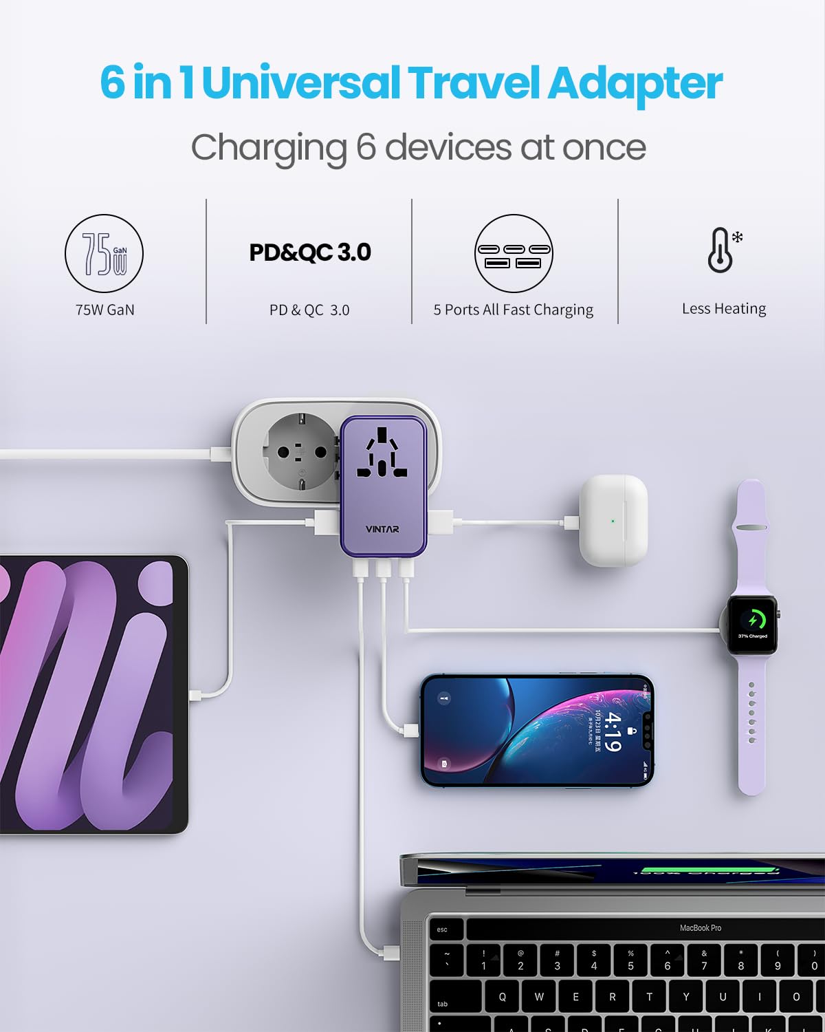 VINTAR adapter plugged into hotel outlet charging laptop and phone, travel-ready