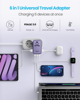 VINTAR adapter plugged into hotel outlet charging laptop and phone, travel-ready