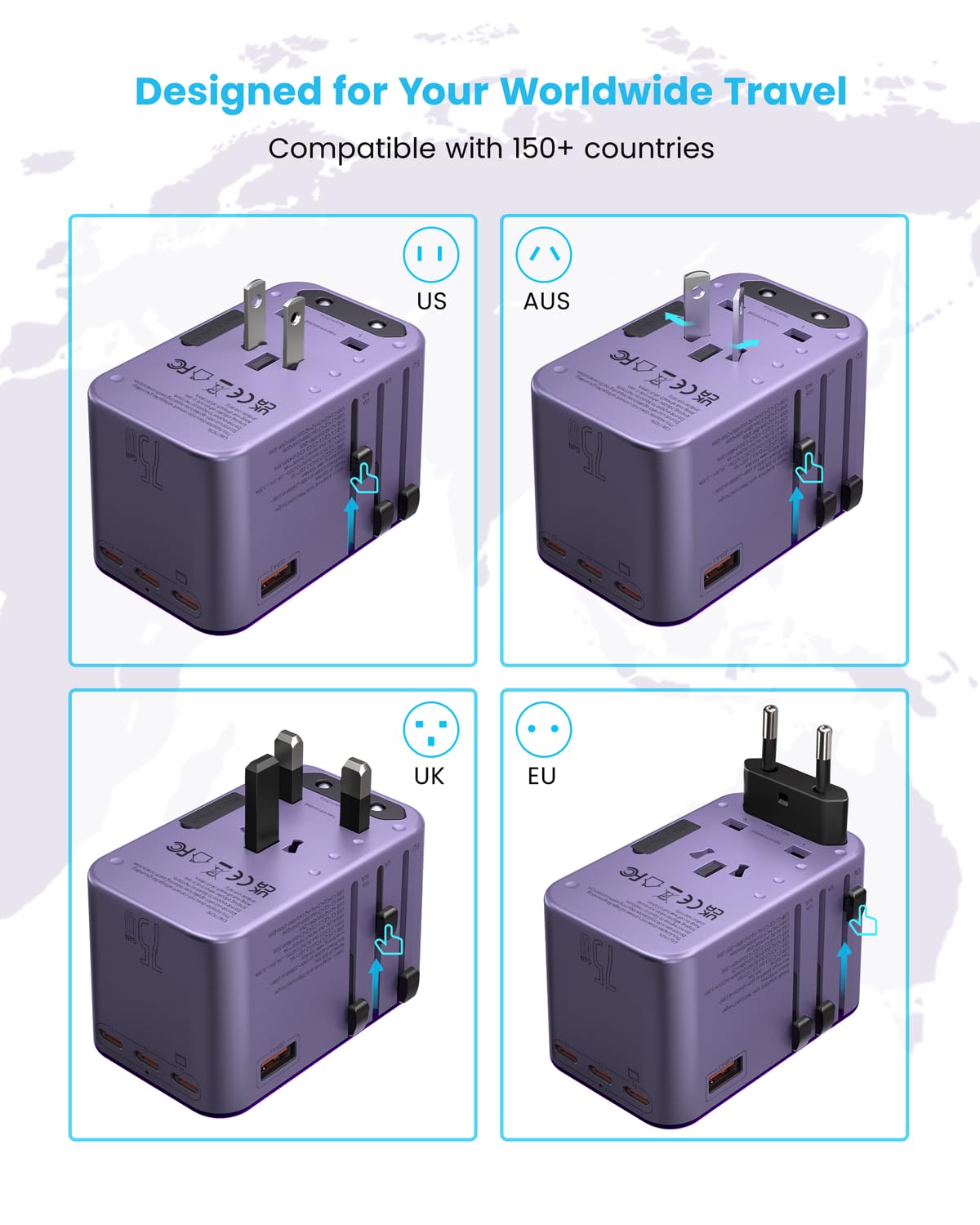 VINTAR extended plugs view with Type C G A I, compatible worldwide benefit