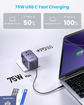 VINTAR ports close-up displaying three USB-C and two USB-A, fast charging benefit