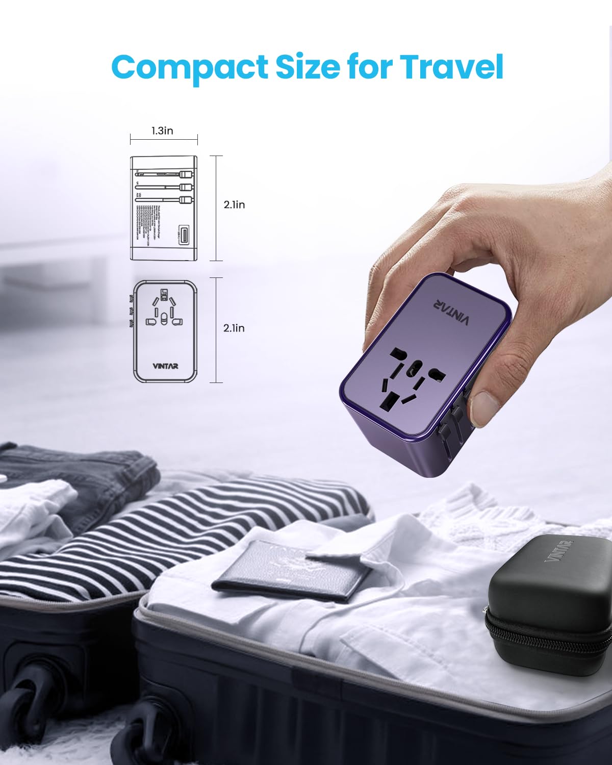 VINTAR adapter next to passport and phone for size comparison, packable convenience