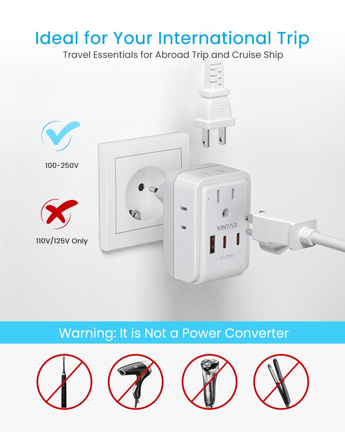 VINTAR CE FCC certified adapter with 12-month warranty reassurance