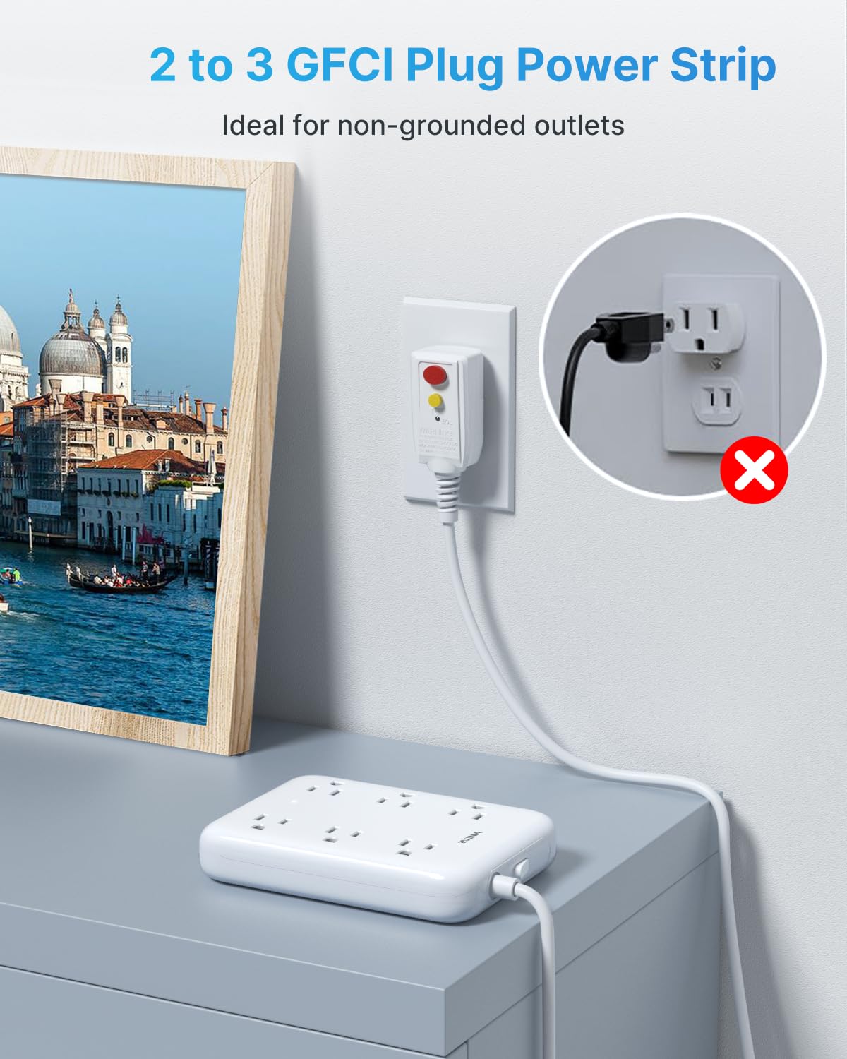 VINTAR close-up of GFCI plug with indicator light offering leakage protection