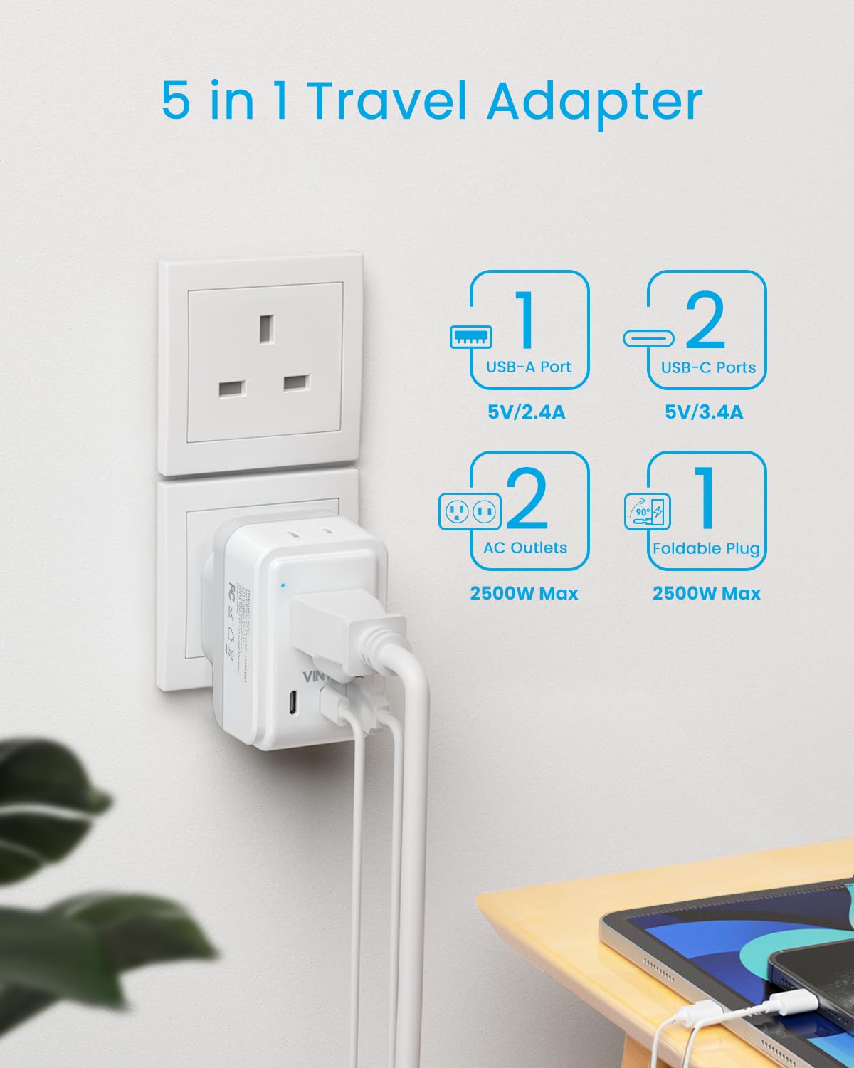 VINTAR compact travel plug shown in 90-degree folded position for safe packing.