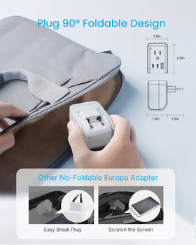 VINTAR compact travel power adapter fits easily in a pocket or bag.